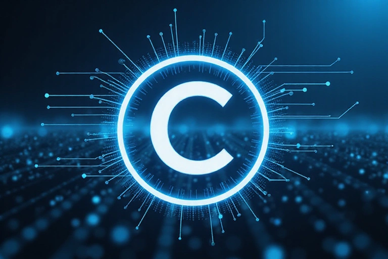Imagine reprezentând simbolul drepturilor de autor pe un fundal digital